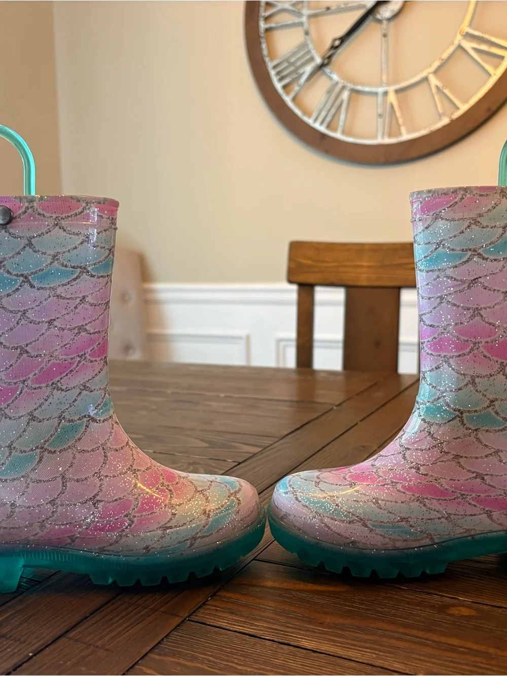 Light-Up Kids Glitter Mermaid-Scale Rain Boots in Pink & Teal